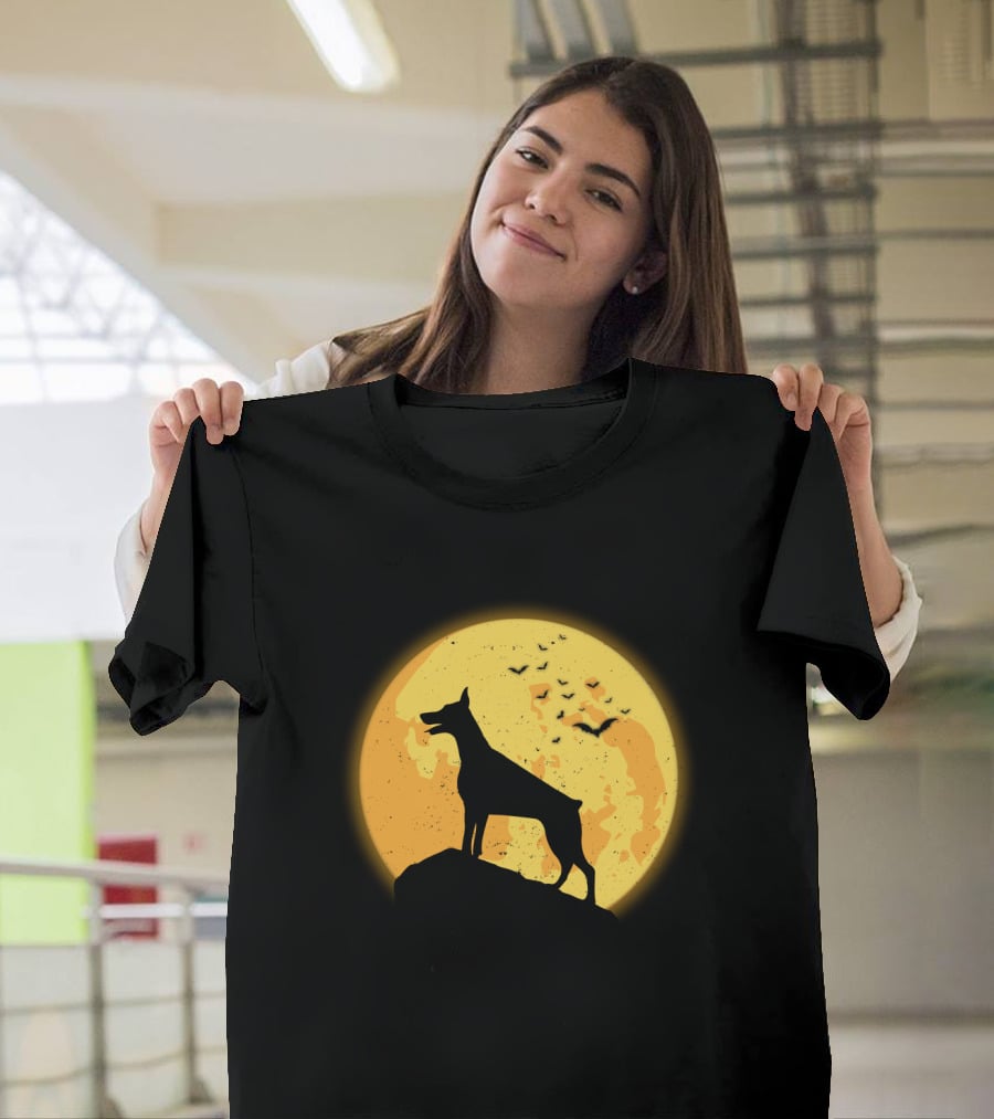 DOBERMAN Dog Silhouette Against Orange Moon Night Scene T-Shirt