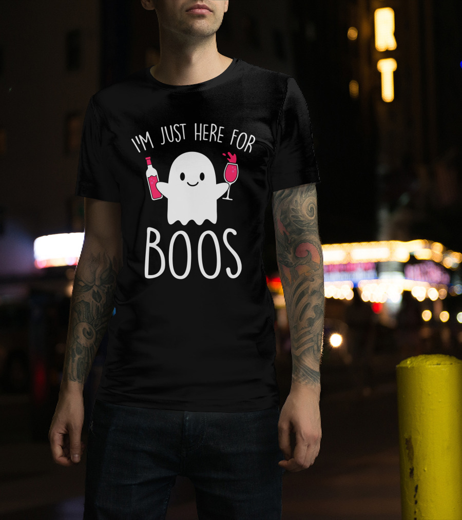 I'm Just Here For Boos Ghost Holding Wine Bottle And Glass T-Shirt