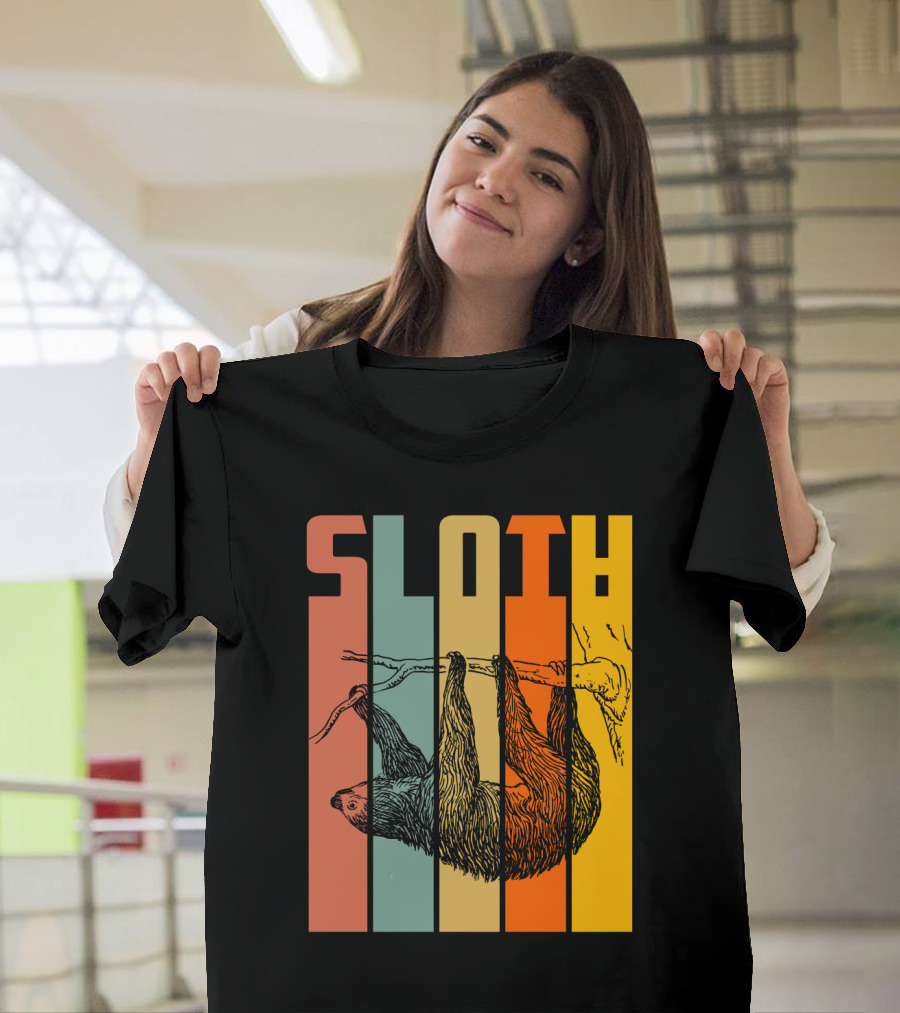 SLOTH Vintage Retro Hanging Branch Stripes T-Shirt