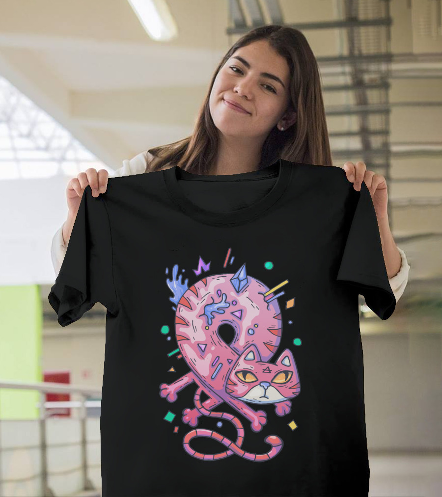 Pink Donut Cat Twisted into Loop with Colorful Elements T-Shirt