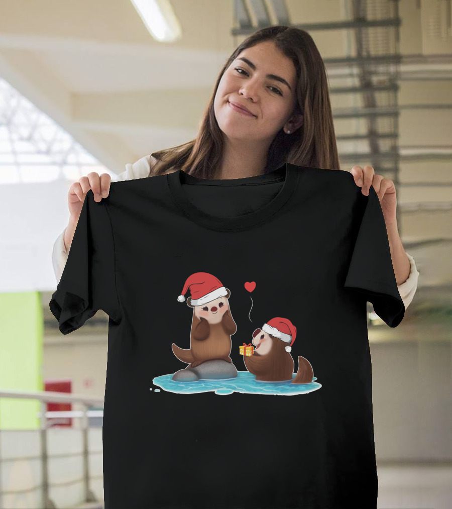 Cute Otter Santa with Gift and Heart on Ice T-Shirt