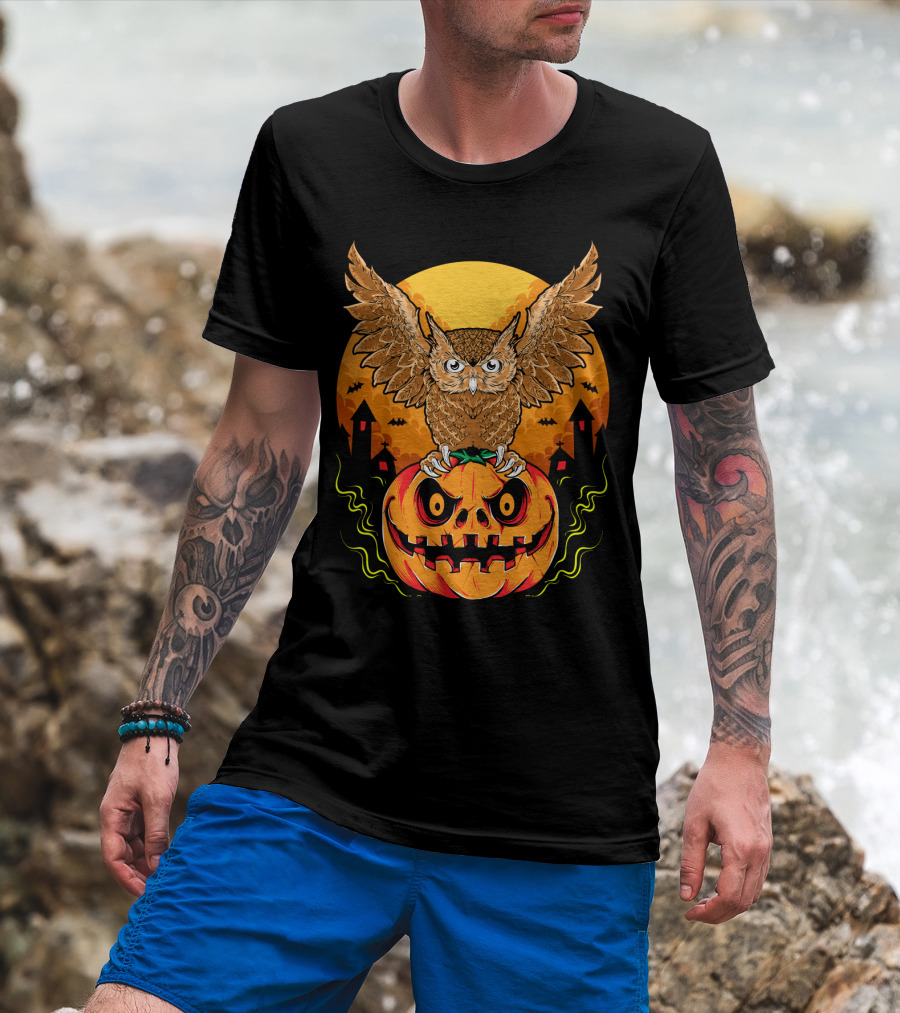 Owl Perched On Halloween Pumpkin With Haunted Houses And Bats T-Shirt