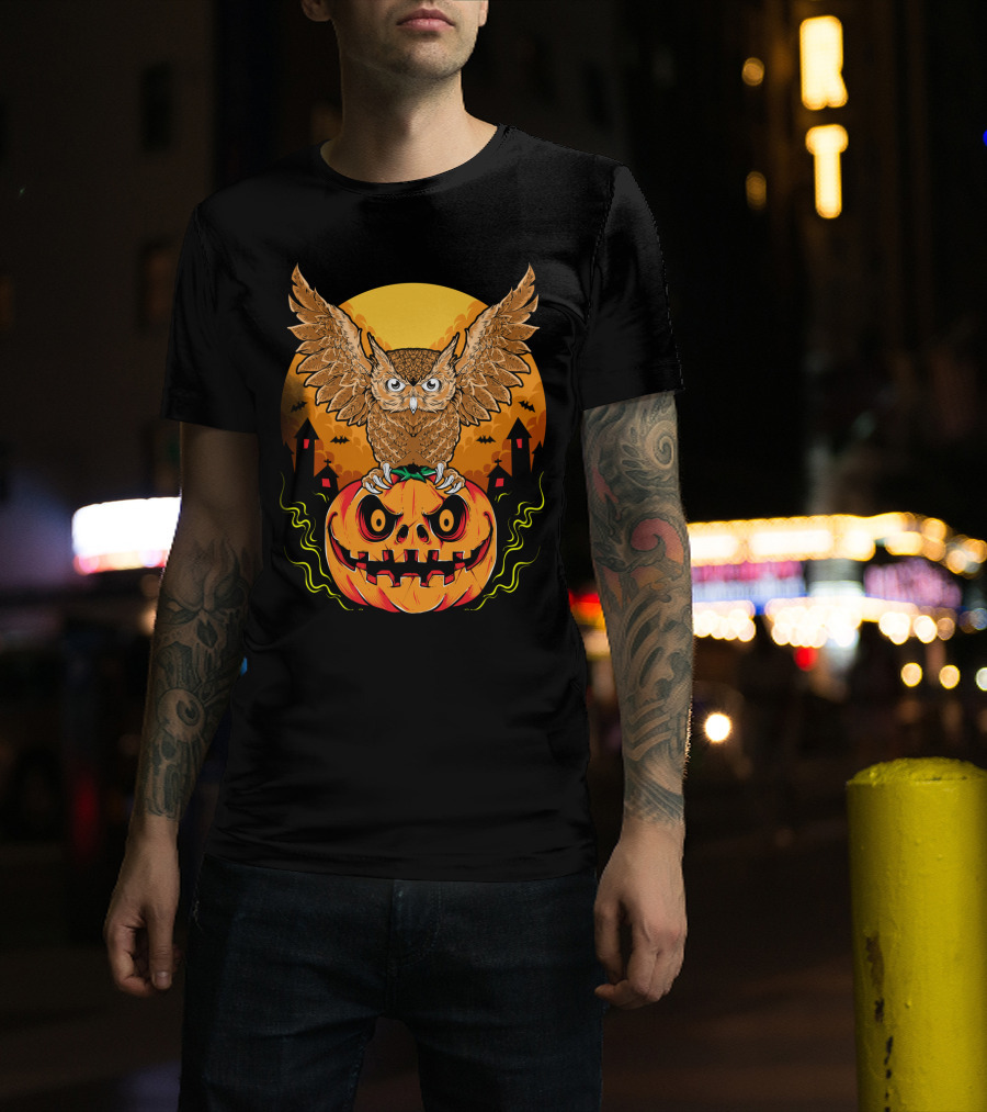 Owl Perched On Halloween Pumpkin With Haunted Houses And Bats T-Shirt