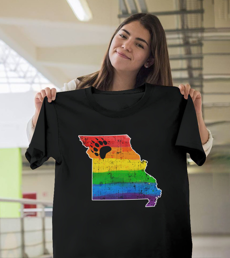 Missouri State Shape With Rainbow Bear Paw Pride Flag T-Shirt