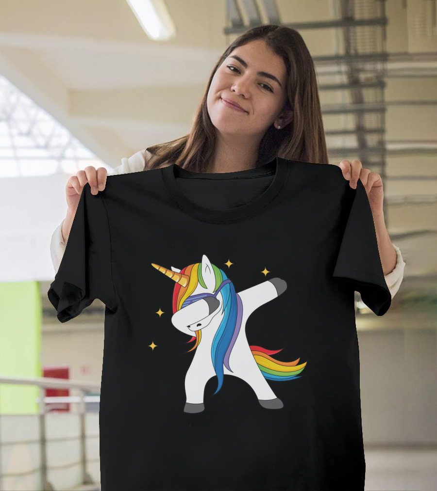Unicorn Dabbing with Rainbow Mane and Stars T-Shirt