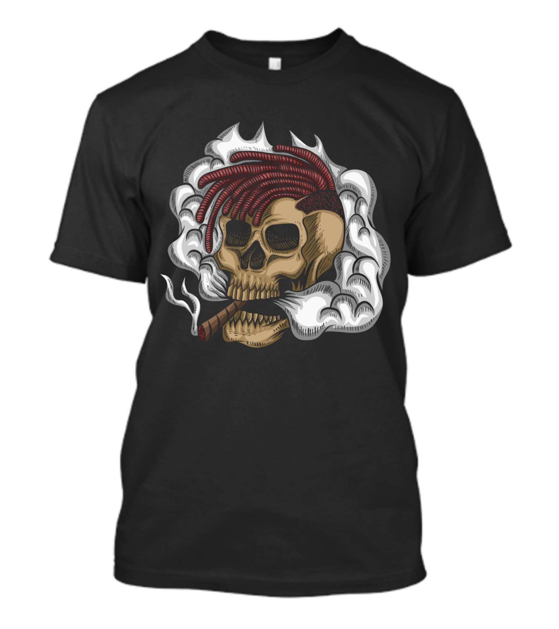 Skull Smoke Cigar With Red Braided Hair And White Smoke Plumes T-Shirt