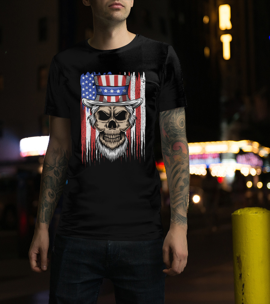 Skull Uncle Sam American Flag Hat T-Shirt