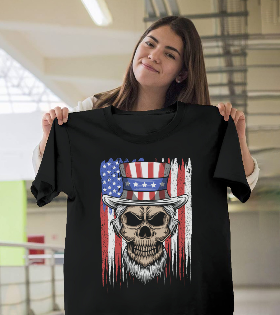 Skull Uncle Sam American Flag Hat T-Shirt