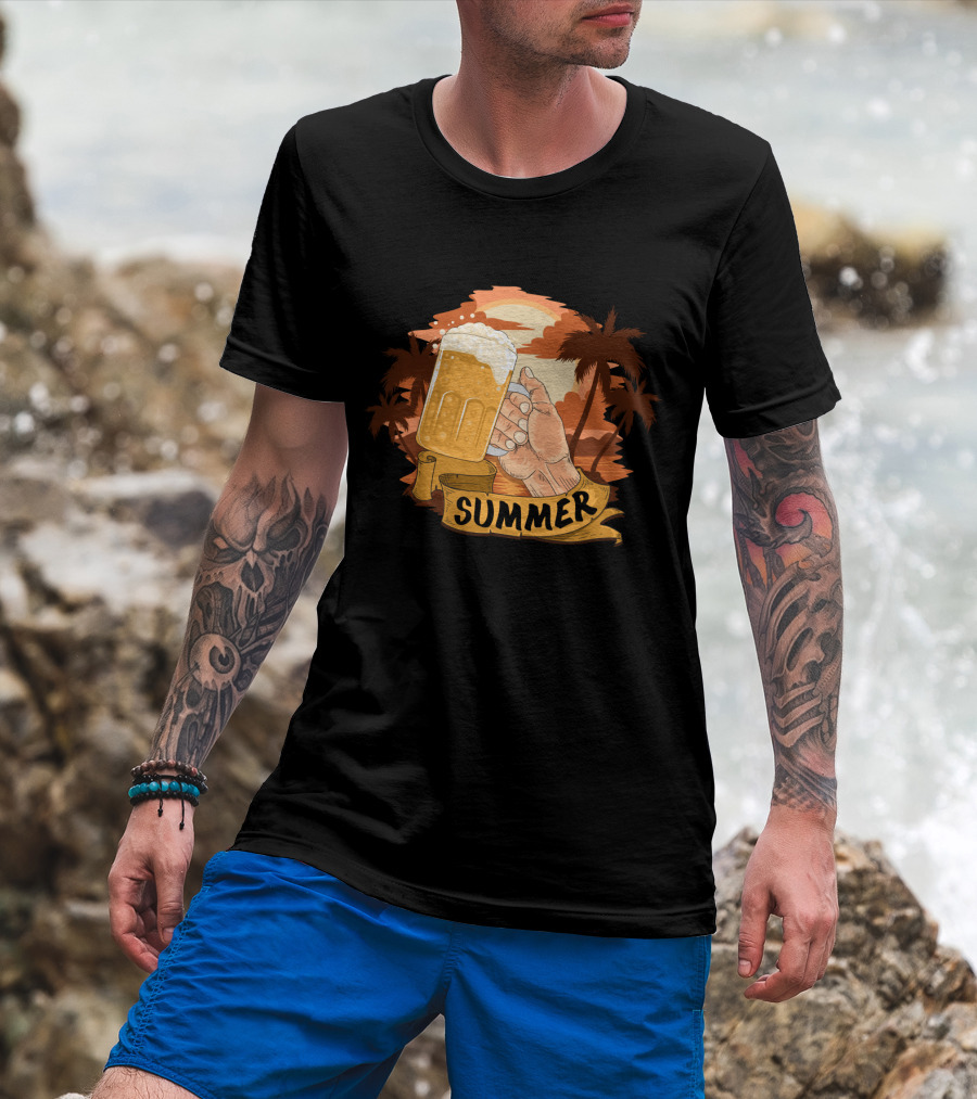 Summer Beach Beer Cheers At Sunset Palm Landscape T-Shirt