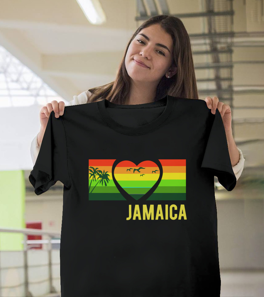 Jamaica Heart Rasta Reggae Sunset with Palm Trees and Birds T-Shirt
