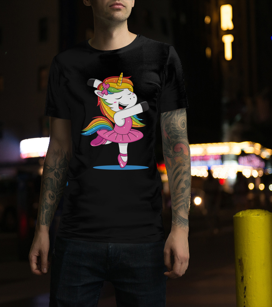 Unicorn Ballet Rainbow Dancer With Pink Tutu And Flower Bow T-Shirt