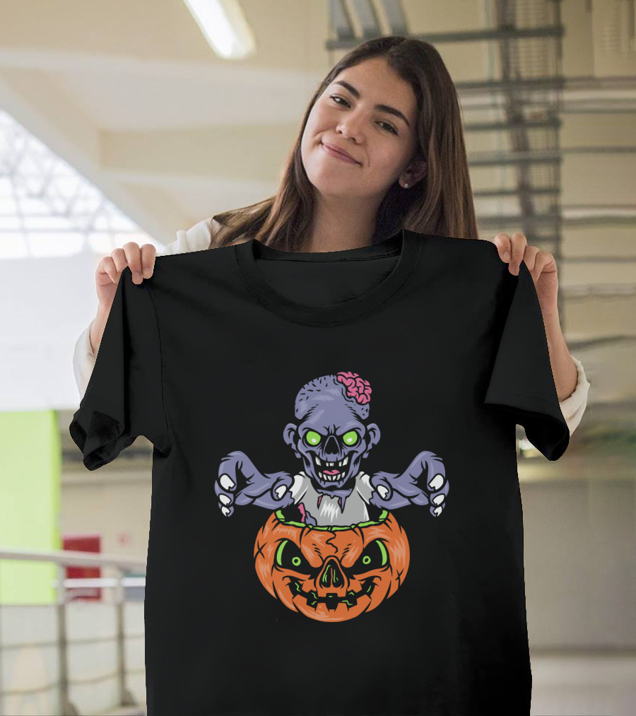 Zombie in Pumpkin with Glowing Eyes and Brain T-Shirt