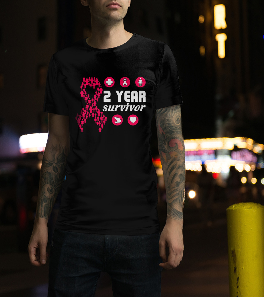 2 Year Survivor Pink Ribbon Breast Cancer Awareness Icons T-Shirt