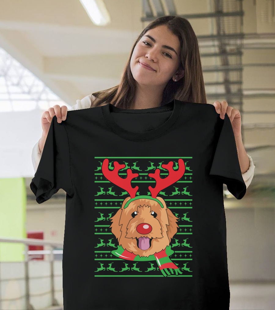 Golden Doodle Reindeer Christmas Scarf And Antlers T-Shirt