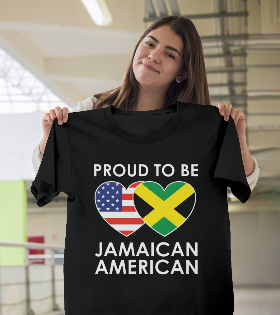 Proud to Be Jamaican American USA Flag Jamaican Flag Hearts T-Shirt