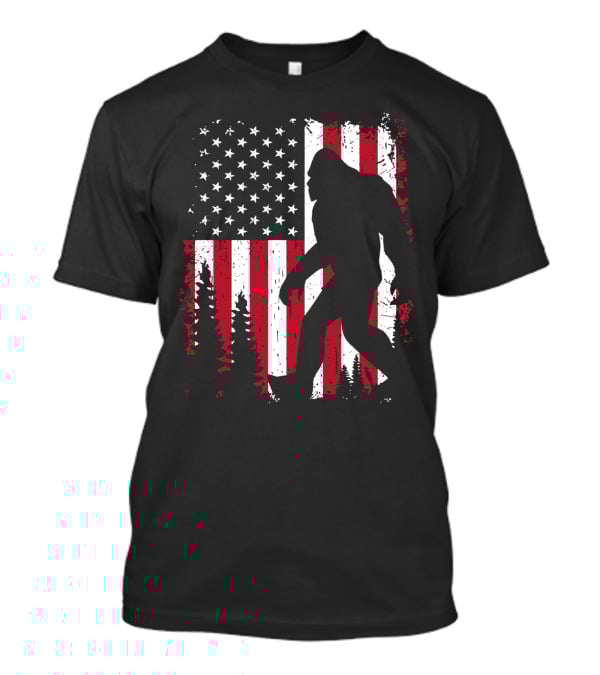 Bigfoot Walking Across American Flag With Forest T-Shirt