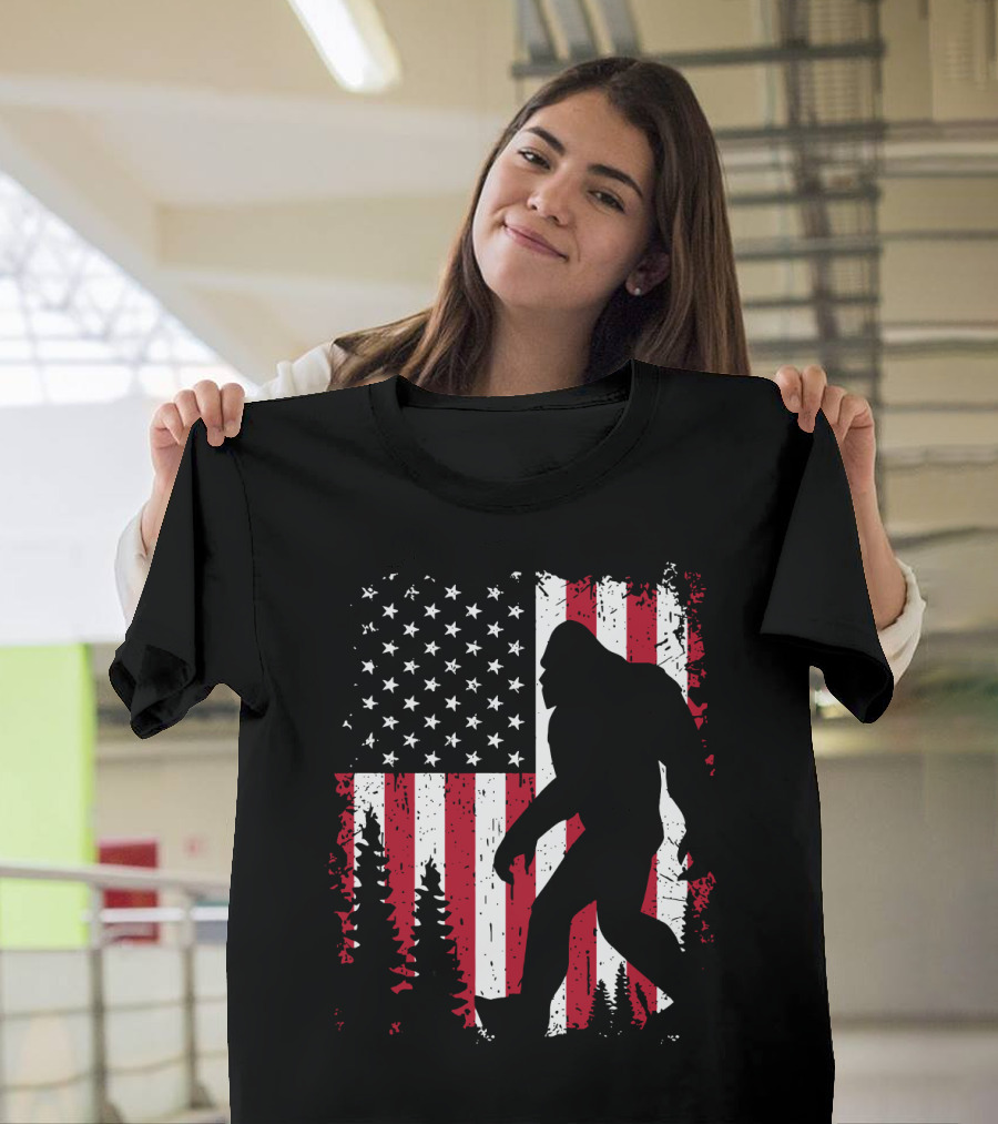Bigfoot Walking Across American Flag With Forest T-Shirt