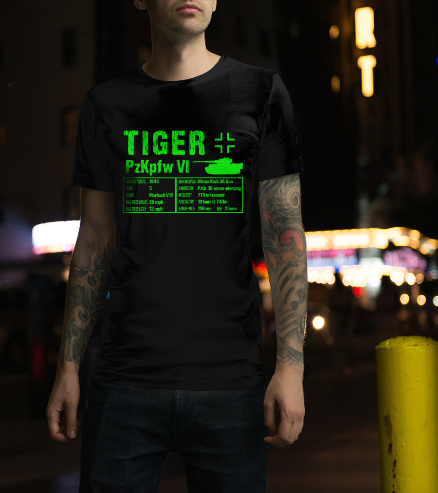 Tiger PzKpfw VI 1943 German Heavy Tank Specs With 88mm KwK 36 Gun T-Shirt