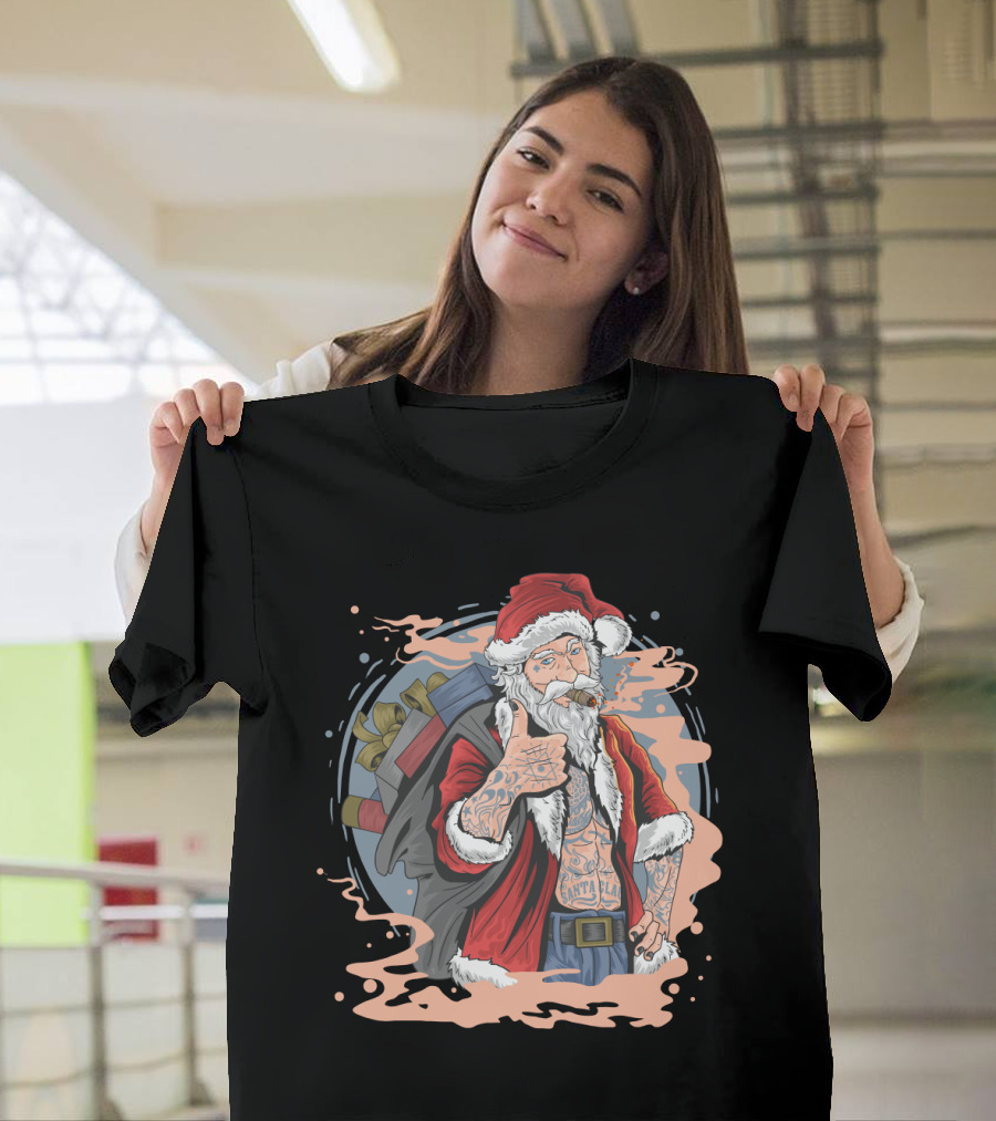 Christmas Santa Claus Smoking Tattooed Holiday Thumbs Up T-Shirt