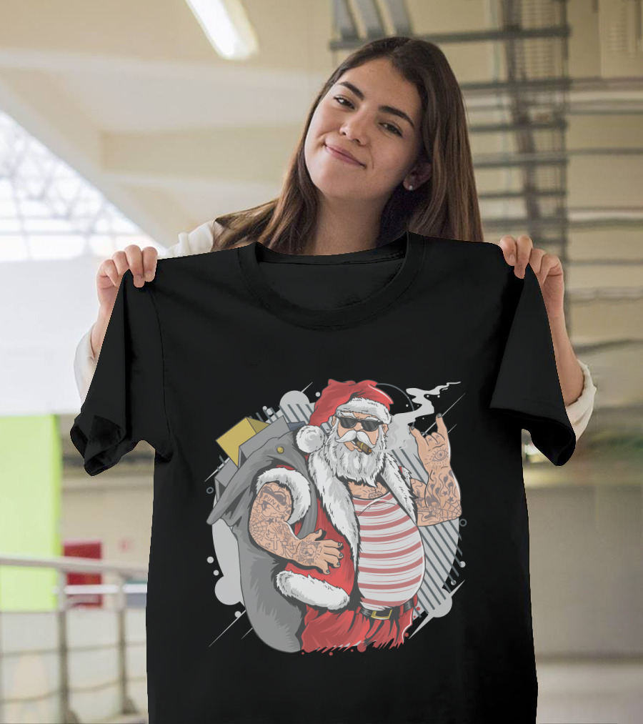 Santa Claus Merry Christmas Tattoo Rock Hand Illustrated T-Shirt