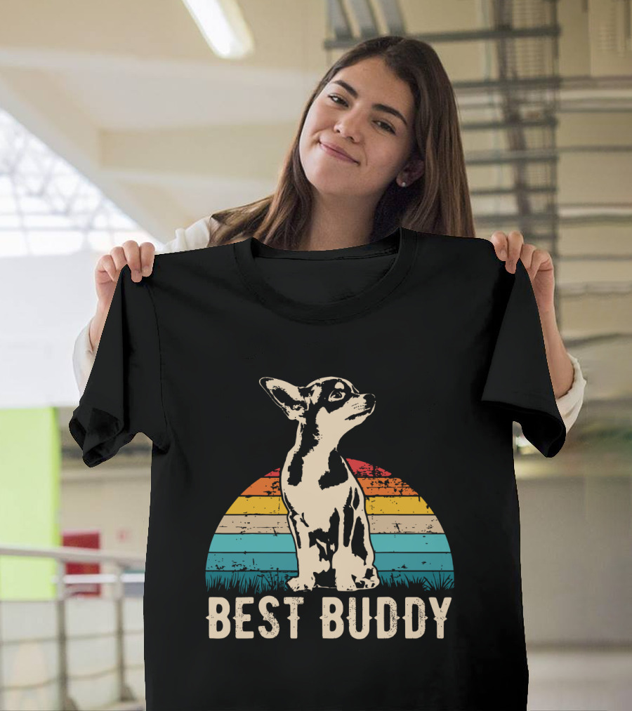 Retro Best Buddy Chihuahua with Vintage Sunset Stripes T-Shirt