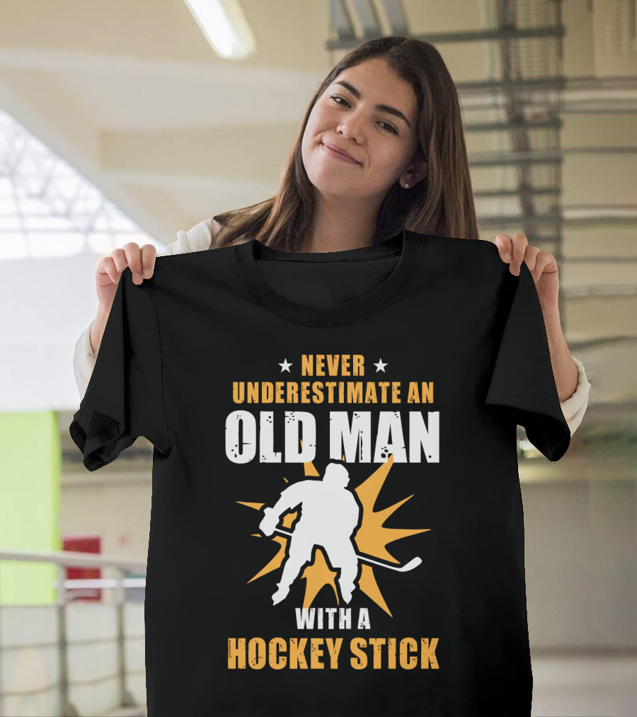 Never Underestimate An Old Man With A Hockey Stick Silhouette Starburst T-Shirt