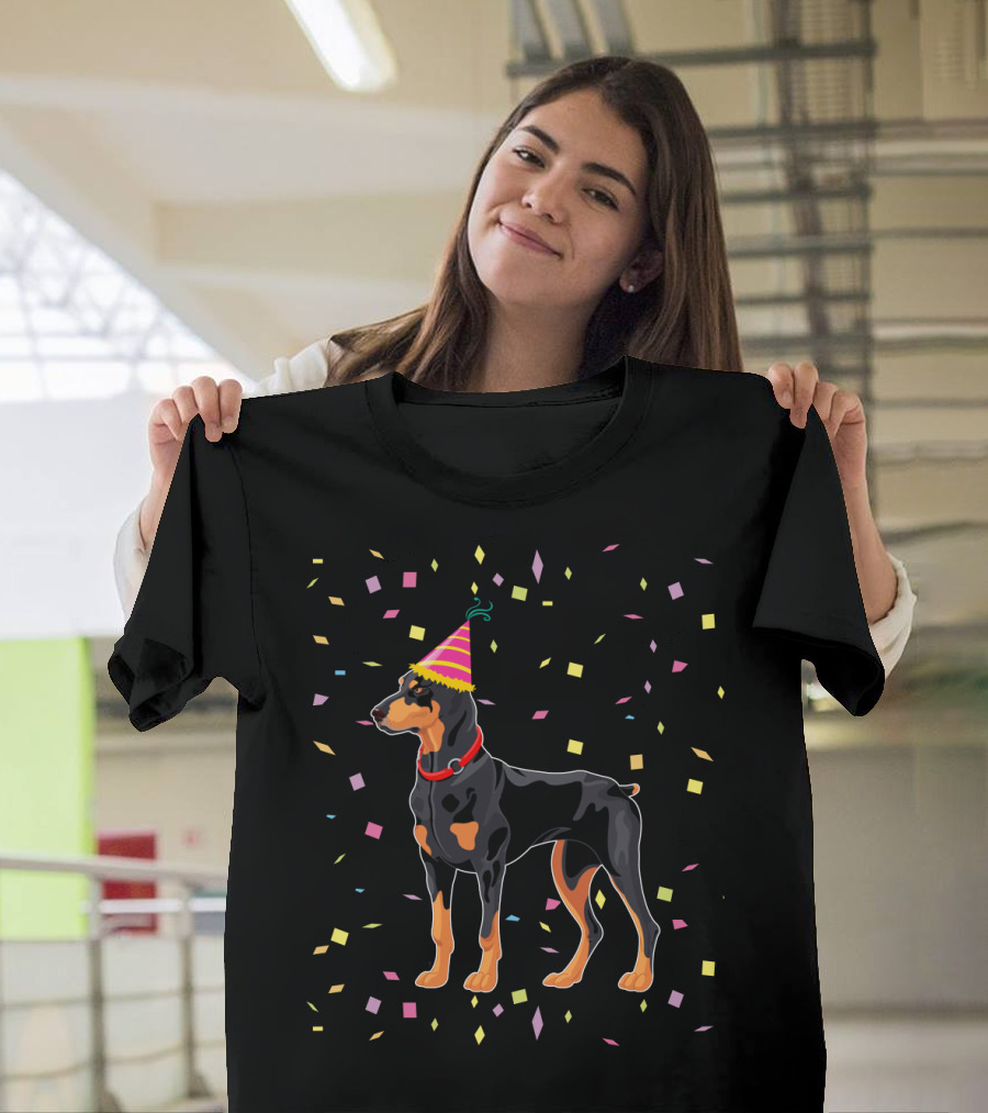 Doberman With Party Hat And Confetti T-Shirt