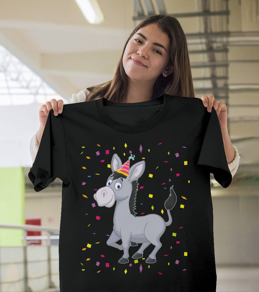 Happy Donkey Party Celebration with Colorful Confetti T-Shirt