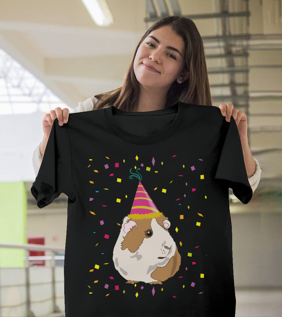 Funny Guinea Pig Birthday Celebration with Party Hat and Confetti T-Shirt