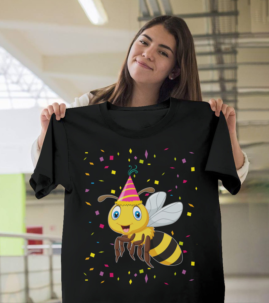Funny Bee Birthday With Confetti and Party Hat T-Shirt