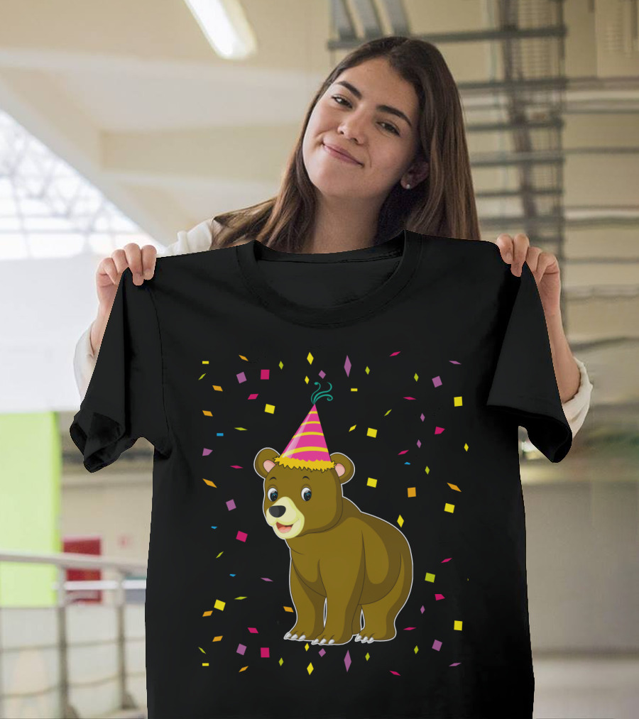 Funny Bear Birthday Party Hat Festive Confetti T-Shirt