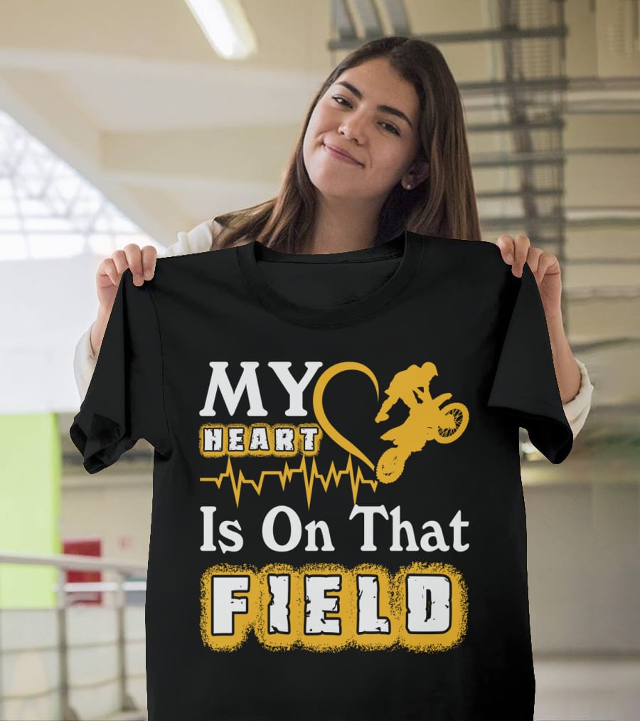 My Heart Is On That Field Dirt Bike Racing Motocross Rider Heartbeat T-Shirt