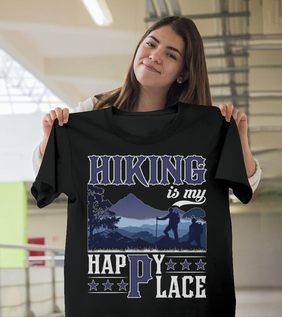 Hiking Is My Happy Place Mountain Silhouette Adventure T-Shirt