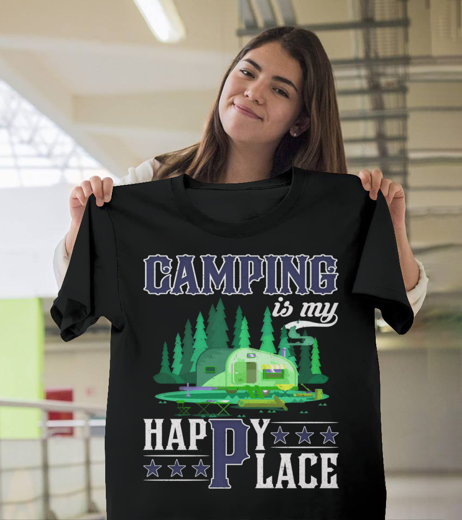 Camping Is My Happy Place Camper Forest Scene With Stars T-Shirt