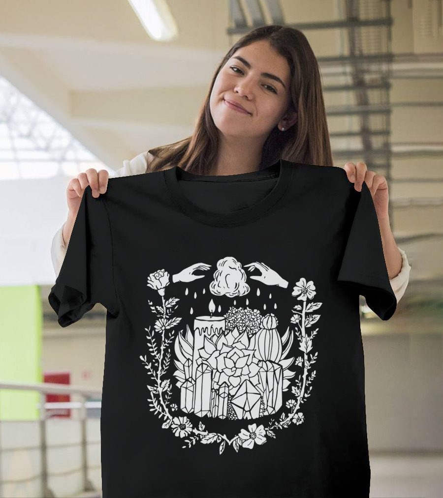 Crystals Succulents Candle Hand Magic Floral Border T-Shirt