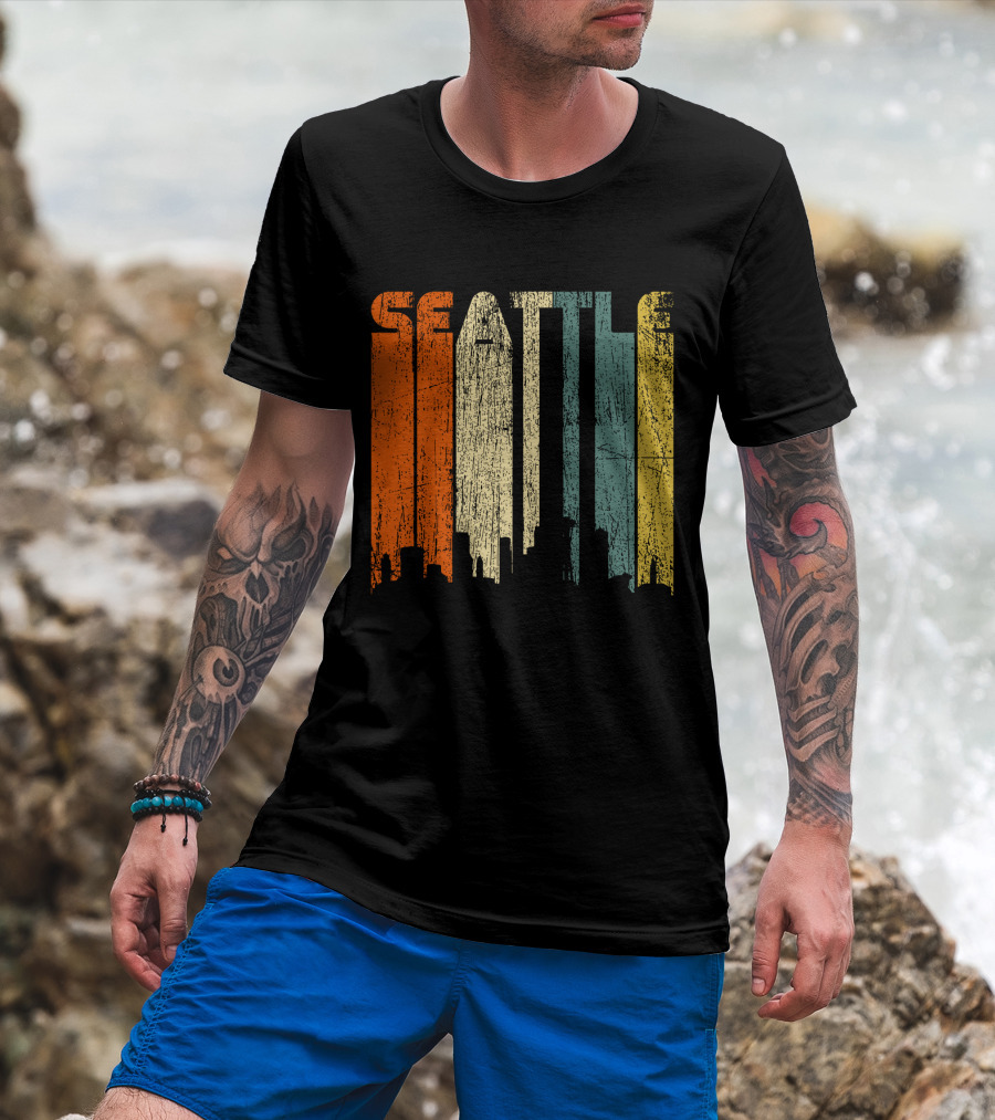Seattle Vintage City Skyline Retro 70s T-Shirt