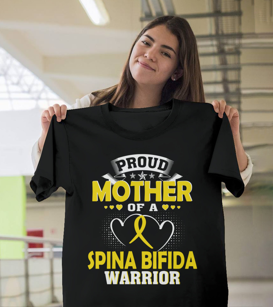 Proud Mother of A Spina Bifida Warrior Yellow Ribbon Hearts Stars T-Shirt