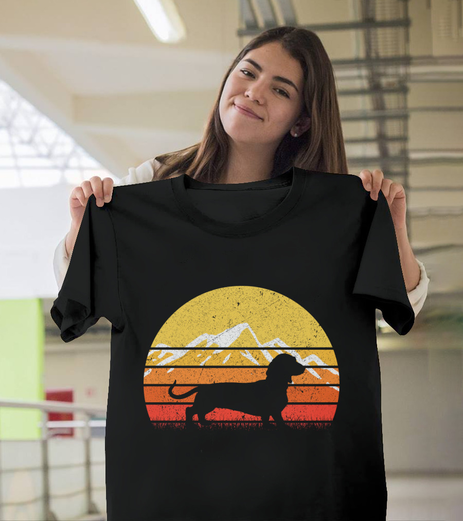 Retro Vintage Dachshund Dog Silhouette Sunset Mountains T-Shirt