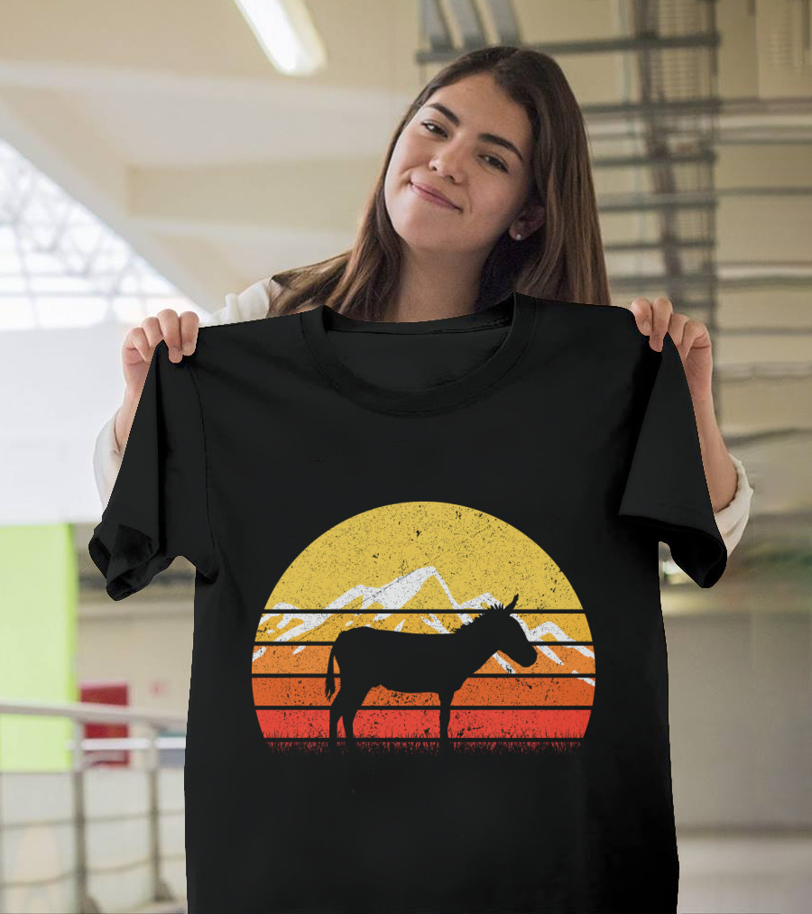 Retro Vintage Donkey Sunset Silhouette with Mountains T-Shirt