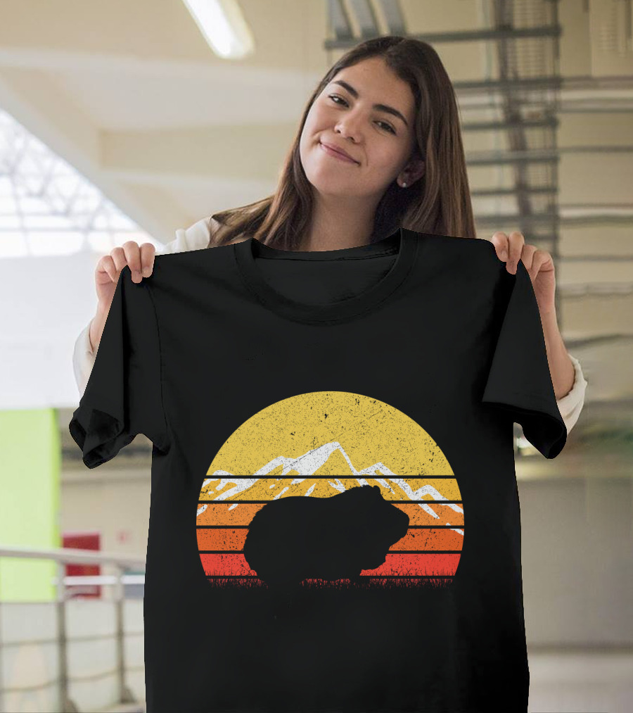Retro Vintage Guinea Pig Silhouette With Mountain Sunset T-Shirt