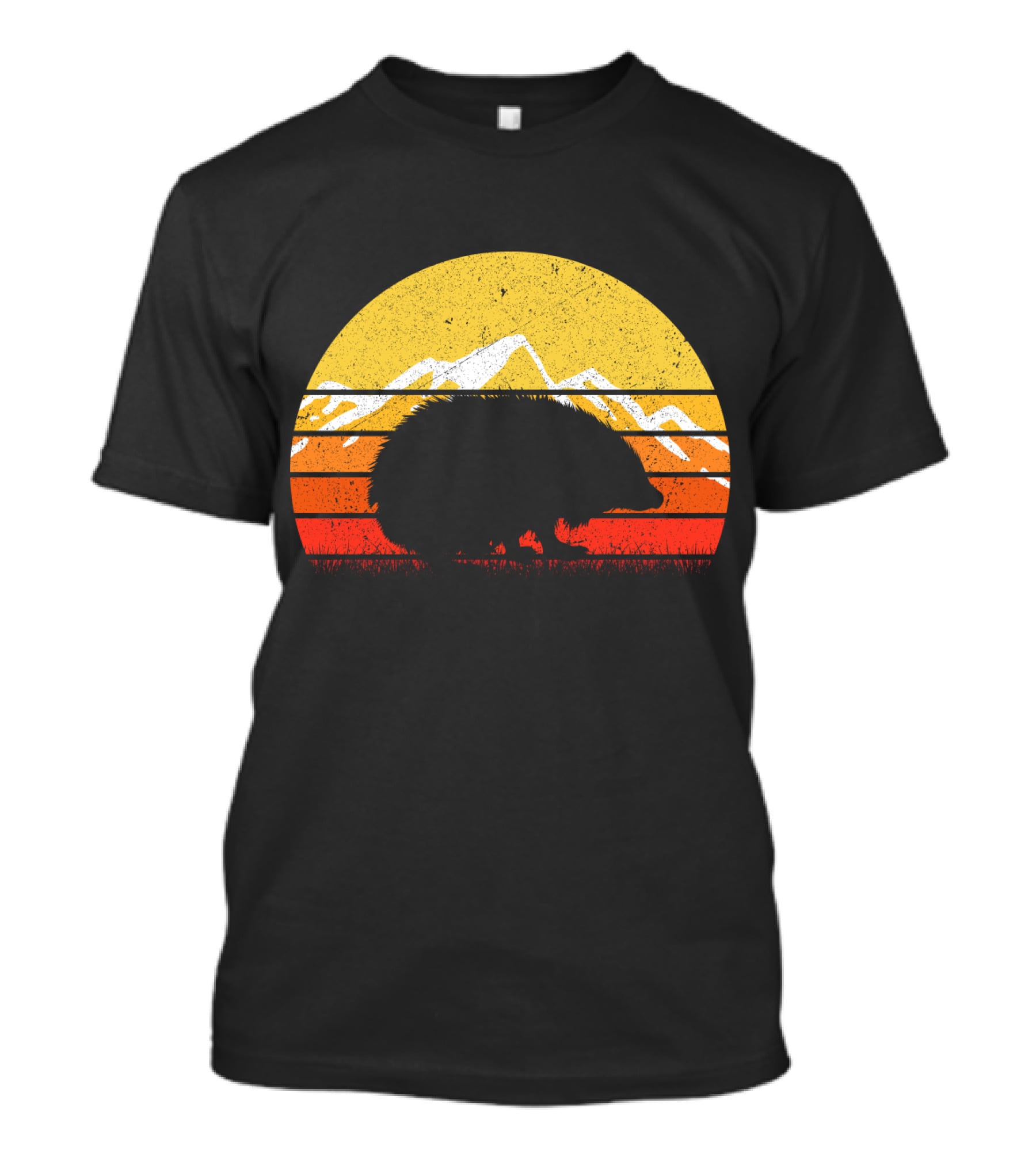 Retro Vintage Hedgehog Silhouette Against Sunset Mountain Stripe Circle T-Shirt