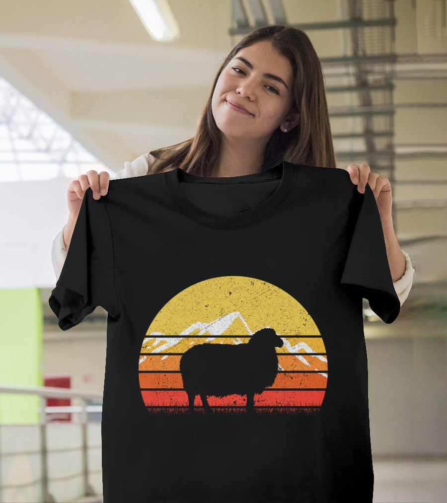 Retro Vintage Sheep Sunset with Mountains T-Shirt