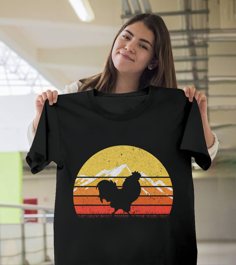 Retro Vintage Chicken Silhouette Sunset With Mountain Background T-Shirt