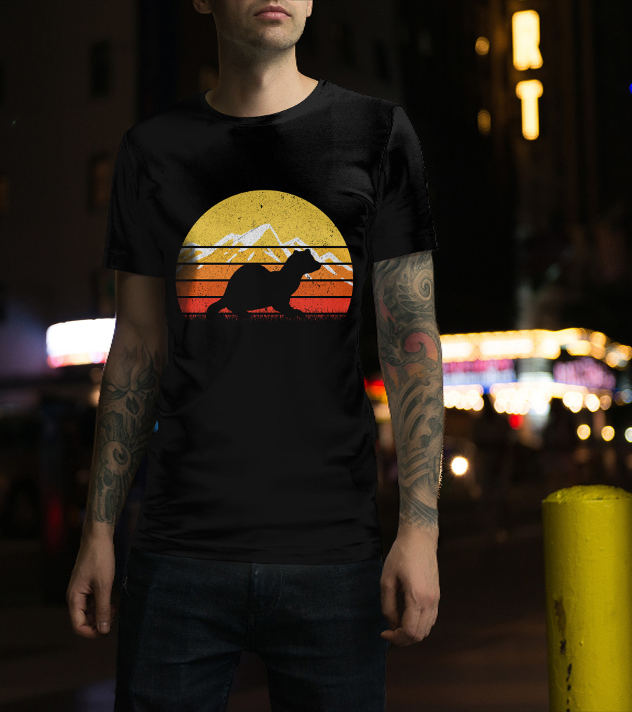 Retro Vintage Ferret Sunset Silhouette Mountain Stripes T-Shirt