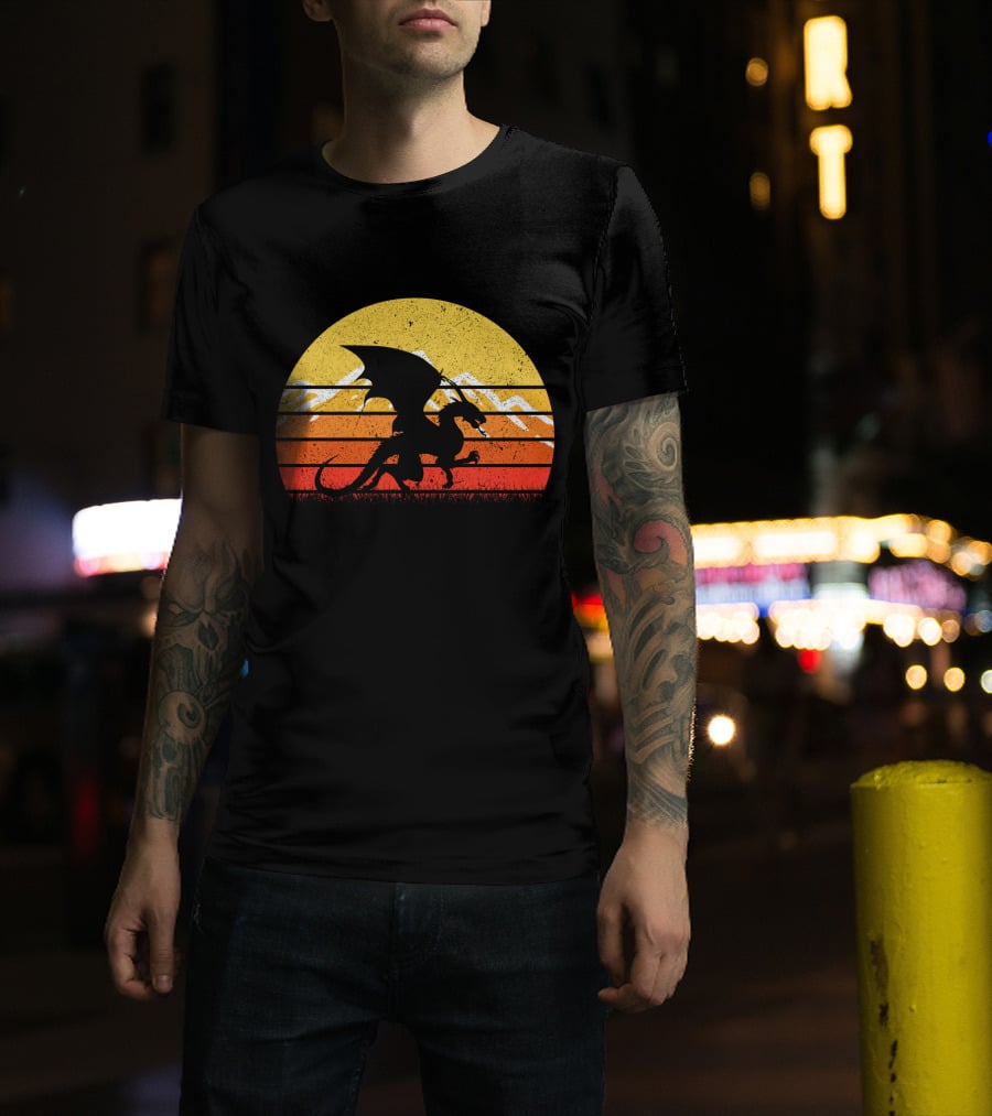 Retro Vintage Dragon With Silhouette And Sunset Mountains T-Shirt