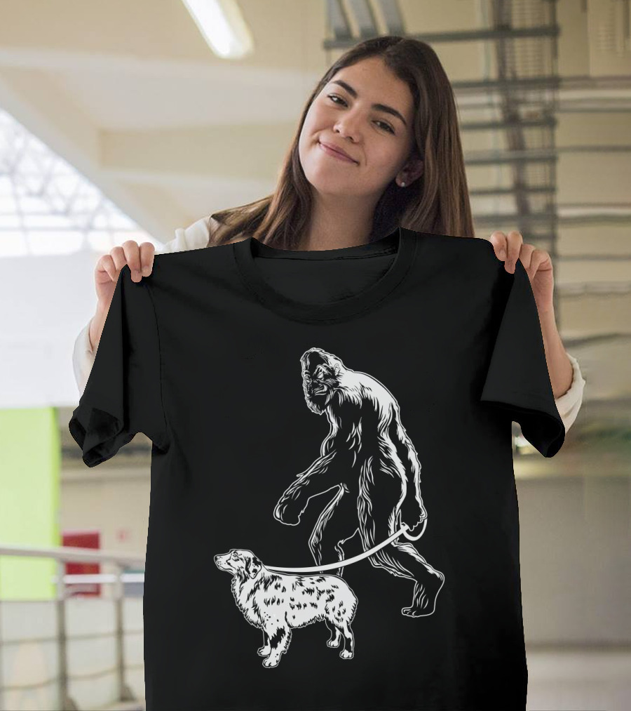 Bigfoot Walking Australian Shepherd Dog T-Shirt