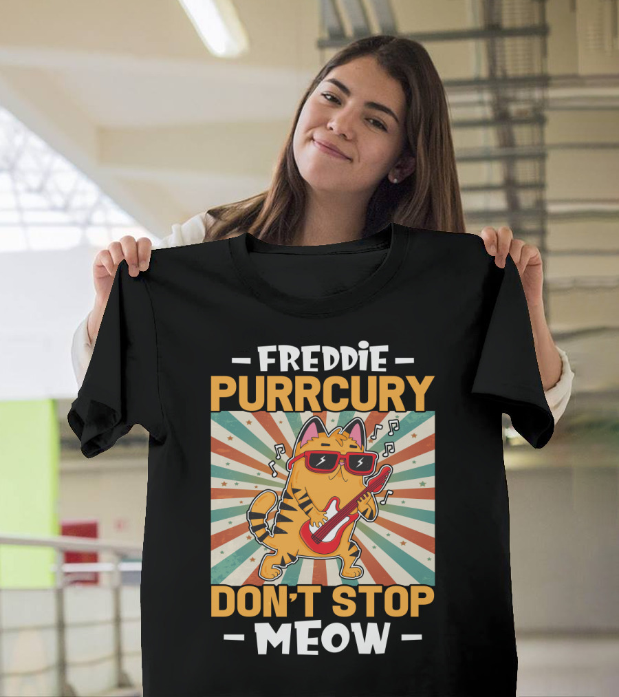 Freddie Purrcury Don't Stop Meow Cat With Guitar Retro Music Vibes T-Shirt