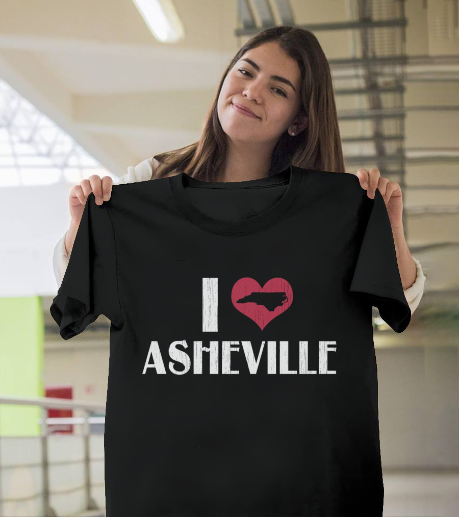 I Love Asheville NC Distressed Retro Style Heart Symbol With North Carolina Map T-Shirt