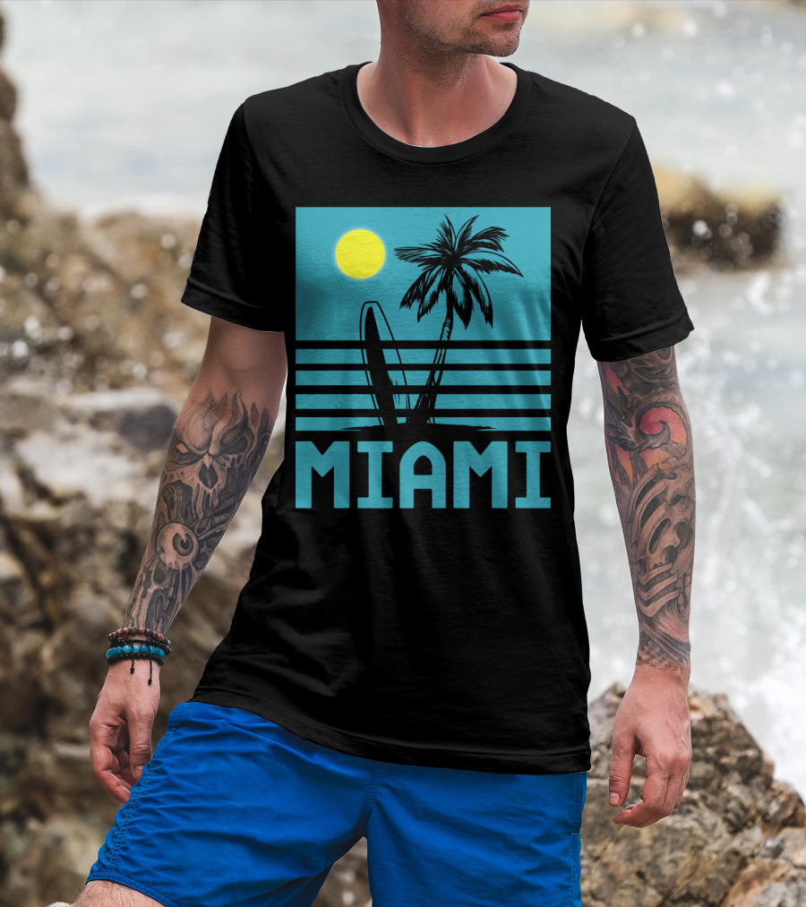 Miami Surf Palm Sunset Retro T-Shirt