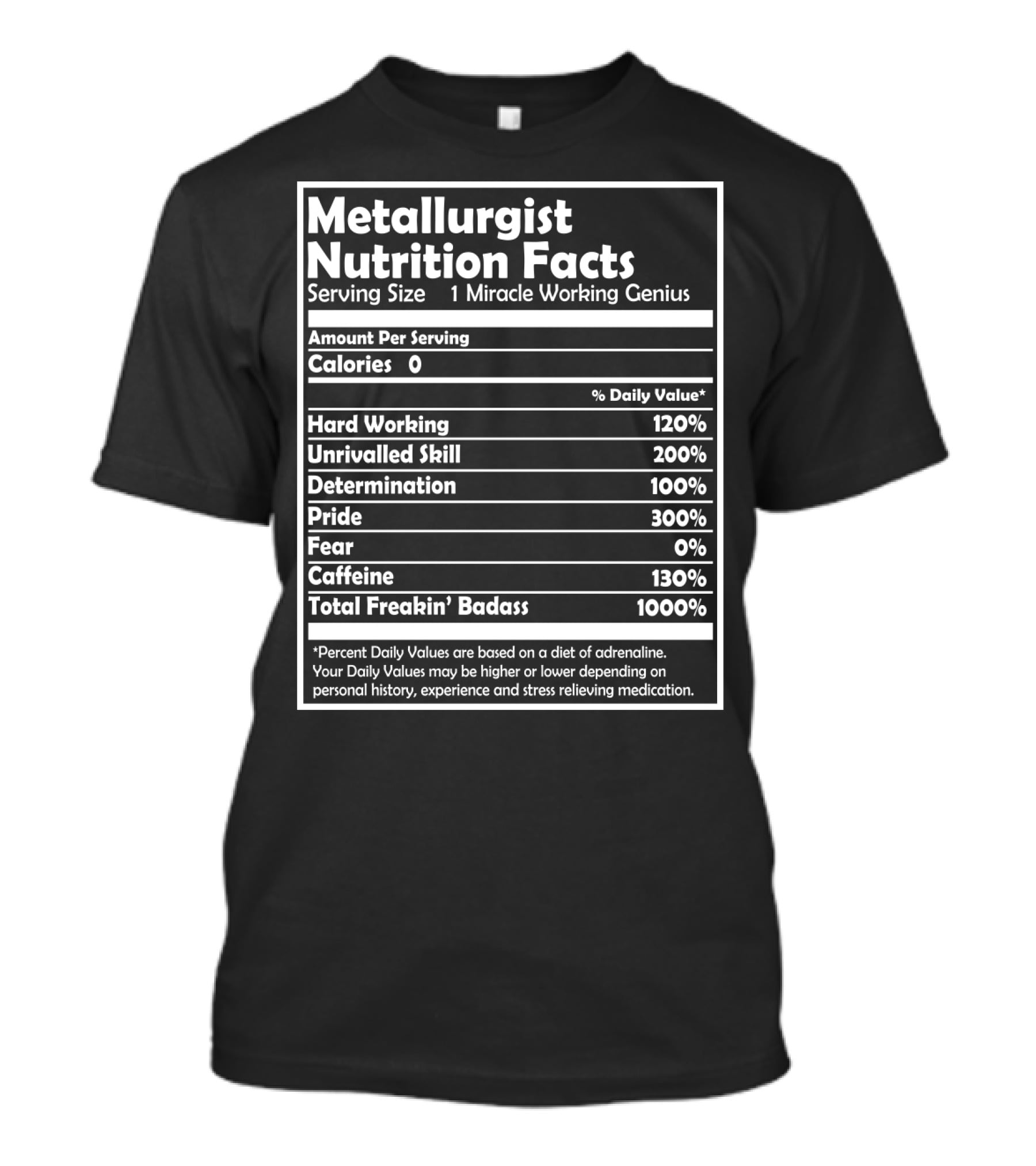 Metallurgist Nutrition Facts Miracle Working Genius 1000 Percent Freakin' Badass T-Shirt
